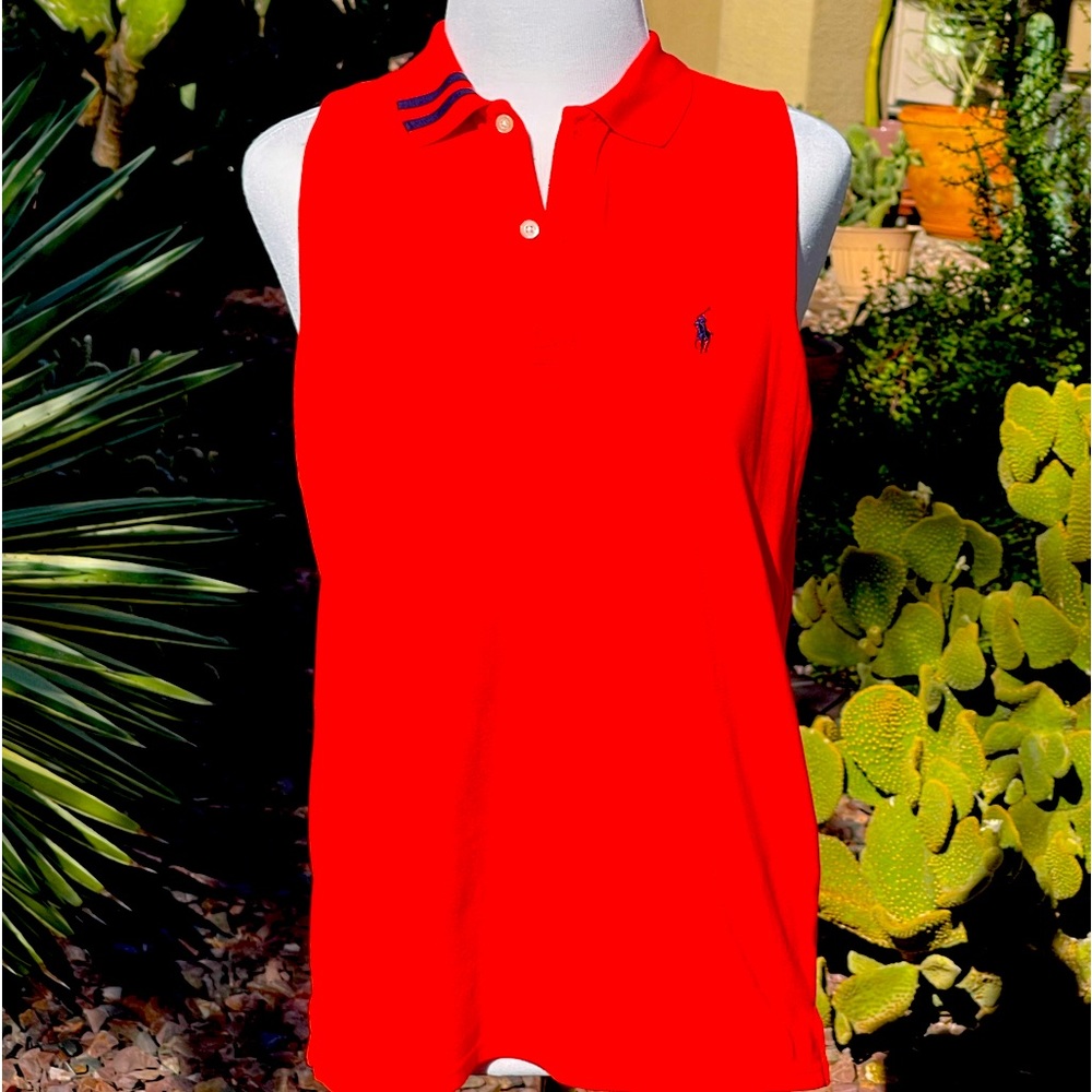 Ralph Lauren Red Sleeveless Polo Top with Navy Logo